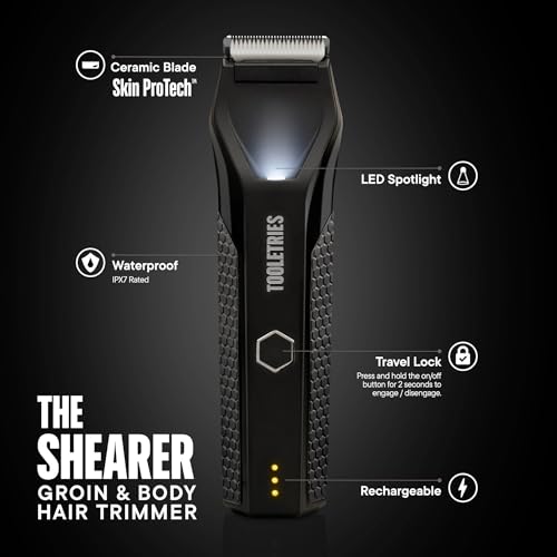 Tooletries The Shearer - Electric Groin & Body Hair Trimmer, Replaceable NoNick Tech Trimmer Blade, Waterproof Wet/Dry Groomer, Rechargeable with Bonus Shower Kit, Men’s Full Body Ball Shaver
