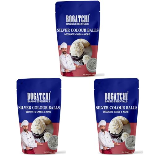 Image of BOGATCHI Silver Balls for Cake Decoration | Topping for Cake & Other Baking Items| Colored Sugar Confectionary | Cake Decorating Sprinkler |Gluten Free & Vegan |75g (Pack of 3)