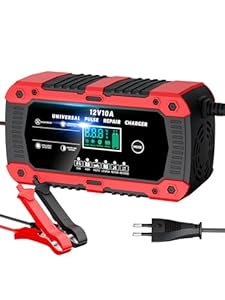 Autobatterie Ladegerät 10A Batterieladegerät 12V Mit LCD Bildschirm Temperaturkompensation Rekonditionierungsmodus Intelligentes Ladegerät Autobatterie für LiFePO4, Blei Säure und AGM Batterien