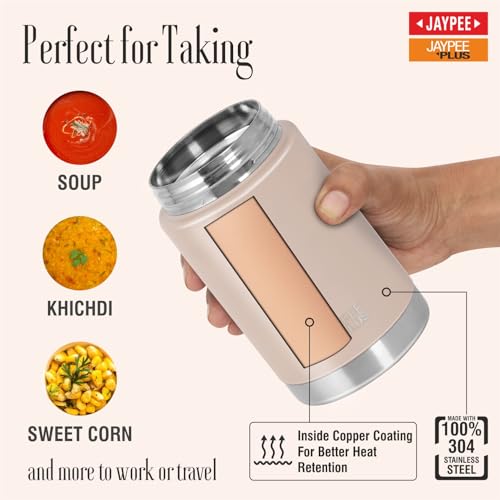 Image of Jaypee Plus Nutri Jar Stainless Steel Vacuum Insulated Food Jar With Bag & Spoon|Hot And Cold Thermal Flask|Double Walled Scratch Resistant Ideal for Office, School, Gym & Travelling | 550 ml, Pink