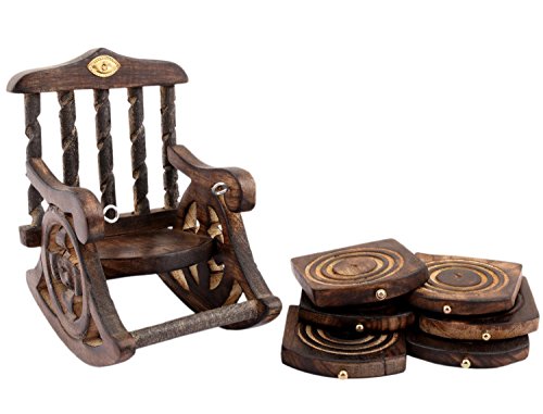 Image of Wooden Antique Beautiful Design Tea Coffee Coaster Set with Chair Coaster Decorative Holder for Tea Coffee Cups Mugs Beer Cans Bar Glass Indian Handicrafts (Antique Black)