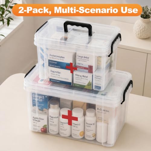 Image of 2 Pack Clear Medicine Organizer Box with Handle, Plastic Medicine Container with Tray Empty First Aid Box Empty, Thickened Medicine Storage Organizer Multipurpose Medication Organizer Storage, Clear
