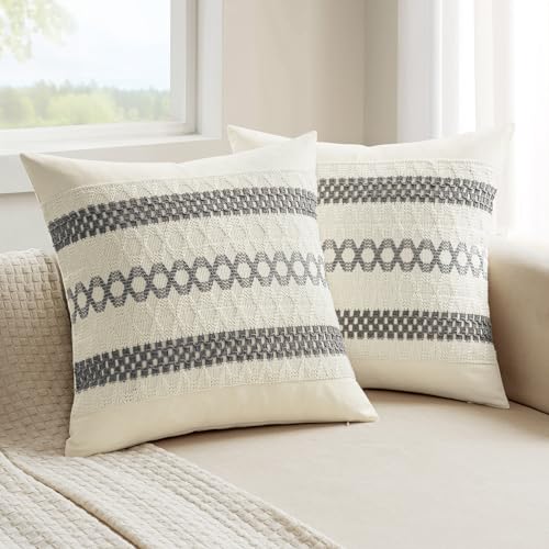 Image of MIULEE Set of 2 Gray Boho Decorative Pillow Covers 20x20 Inch | Farmhouse Couch Throw Pillows Modern Spring Cotton Cushion Covers Macrame Woven Home Decor for Bed Sofa Chair