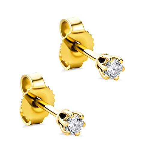 Orovi Orecchini da donna con diamante solitario in oro giallo 14 carati (585) e diamanti brillanti 0,12 ct, realizzati a mano in Italia