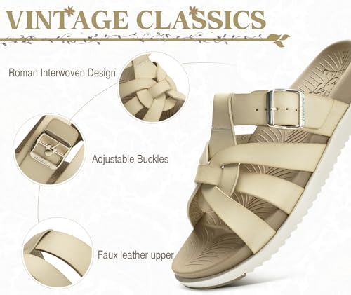 Image of KuaiLu Gladiator Sandals for Women with Comfortable Arch Support Summer Beach Walking Fisherman Slides Boho Outfits Flats Slip on Cushion Shoes Indoor Outdoor