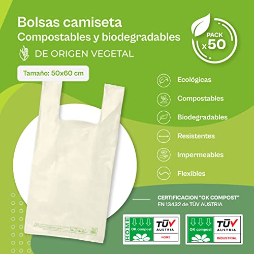 RC ocio Pack 50 Bolsas con Asas Camiseta 50x60 biodegradables compostables Reutilizables/Bolsas Ecologicas reciclables Muy Resistente para la Compra, Tiendas, tranportar y demas usos