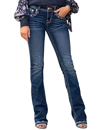 CHARTOU Women's Vintage Wash Embroidery Beaded Mid-Rise Distressed Ripped Bootcut Jeans