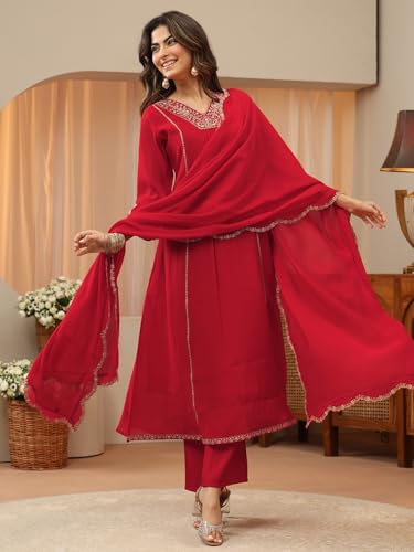 Image of Libas Embellished Silk Blend A Line Kurta With Trouser and Dupatta | ethnic wear | bridal suit | wedding dress | occasion wear