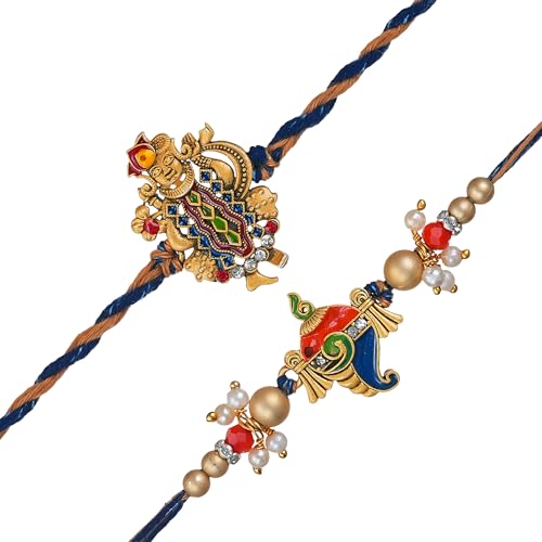 Image of eCraftIndia Lord Shrinathji and Shankh Designer Rakhi Set of 2 | Rakhi for Brother Bhaiya Bhai with Best Bro Ever Fridge Magnet | Roli Chawal Pack