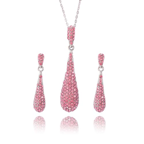 YINLI Pink Full Crystal Rhinestone Gem Tear Drop Pendant Necklace ...