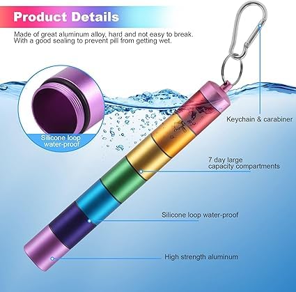 Image of Weekly (7-Day) Pill Box, Multicolored Medicine Planner, Metal Moisture-Proof Portable Week Holder Container, Daily use Planner for Tablet Vitamin Supplement Ideal for Travel and Home, pill case