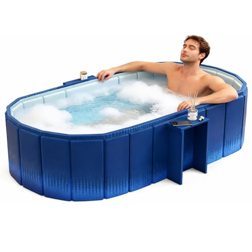 Image of Portable Ice Bath Tub for Adults Foldable Bathtub Spa, Thick Insulated Soaking BathTub with Drain, Home Bathroom Large Ice Bath Tub & Hot Spa Bath Relaxation (Navy Blue with Soap Stand)
