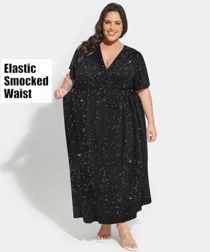 Image of CARCOS Plus Size Dresses for Curvy Women V Neck Summer Maxi Dress Short Sleeve Floral Boho Dress Smocked Waist Beach Dress