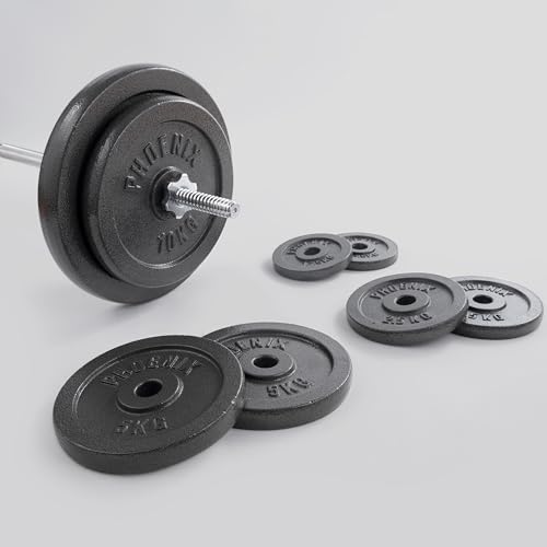 Phoenix Fitness Cast Iron Weight Plates - 1-Inch Free Weight Plate for Barbell Dumbbell Bars, Weightlifting & Strength Training at Home Gym - Singles, Pairs or Set of 4: 1.25kg, 2.5kg, 5kg, 10kg, 20kg - Image 4