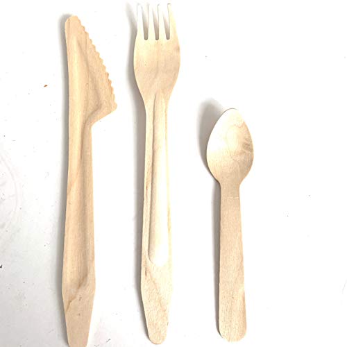 Extiff Lot de 300 Couverts jetables Dont 100 Fourchettes 100 Cuillères 100 Couteaux en Bois Clair Biodégradables