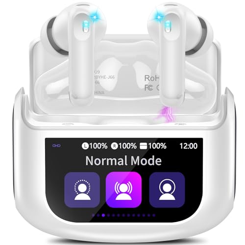 Auriculares sem fios Bluetooth com ecrã tátil LED, 48H auriculares Bluetooth 5,4 HiFi estéreo, 4 HD Mic com redução de ruído ANC+ENC, IP7 impermeável/5 modos EQ capacetes sem fios branco