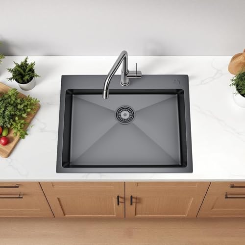Melanstar Fregadero doble de acero inoxidable, 80 x 50 cm, con 2 cuencas, orificio para grifo y juego de sifón, fregadero cocina 2 senos fregadero dos senos kitchen sink (Black, L55XW45cm)