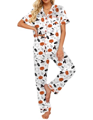 Image of Ekouaer 2 Piece Satin Short Sleeve Pajamas Set Button Down Sleepwear