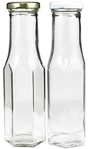 Tall 8.5 Oz Hexagon Glass Jar/Bottle Set, White and Gold Lids , Set of 2 250ml Sauce/Dressing/Condiment
