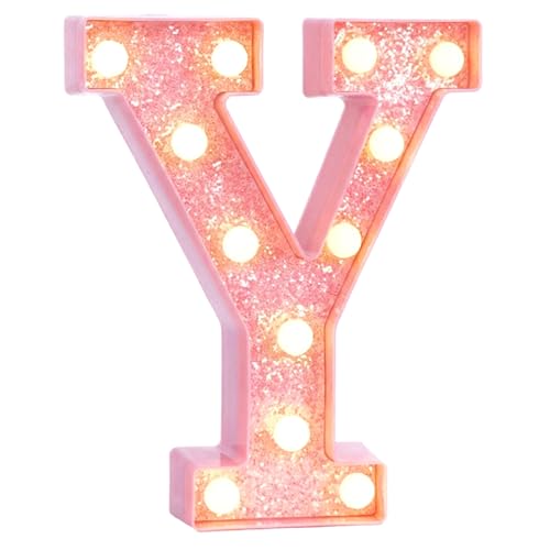 Image of Pink Marquee Light Up Letters, Glitter Alphabet LED Letter Lights for Pink Birthday Party Decorations, Battery Operated Letter Sign for Girls Room Vanity Table Decor, Warm White Lights Letter Y