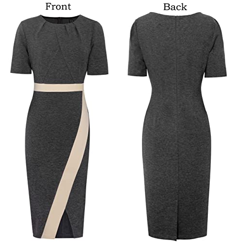VFSHOW Womens Pleated Crew Neck Patchwork Front Slit Work Business Office Party Bodycon Sheath Pencil Dress4