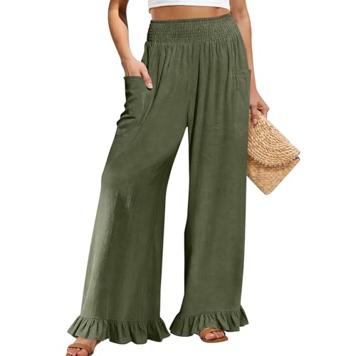 Image of Palazzo Pants for Women Linen Smocked Elastic Waist Ruffle Wide Leg Pants Summer Beach Flowy Boho Pant with Pockets