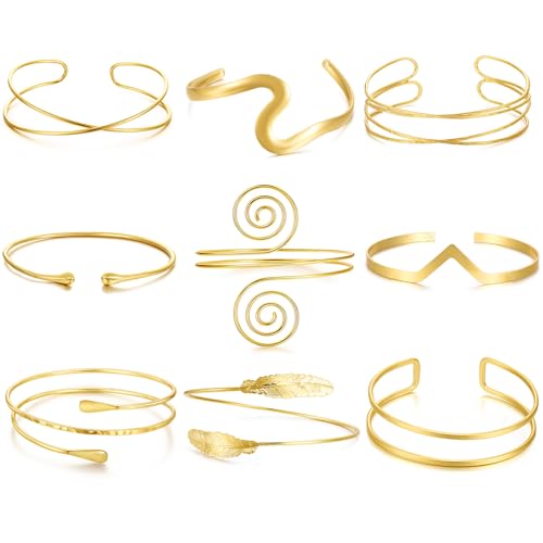 BROCC 9PCS Gold Arm Cuff Bangle Bracelets for Women Bangle Armband Coil Swirl Upper Armlet Arm Cuff Bracelets Simple Adjustable Armband Jewelry Set