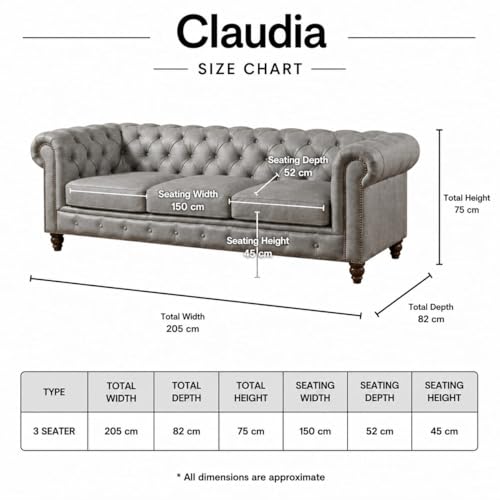 Image of Modern Classic Design Leatherette Luxury Chester Sofa Set with Button Tufted, Sofa for Living Room Home, Office and Lobby (Grey, 3 Seater Sofa)