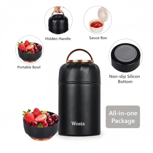 Image of Airtight Stainless Steel Lunch Box with Bowl-Style Lid & Sauce Box | Yogurt & Overnight Oats Container with Lid | Leak Proof Steel Cup with Reusable Spoon | Keeps Food Hot 6h & Cold 8h (Black, 500 Ml)