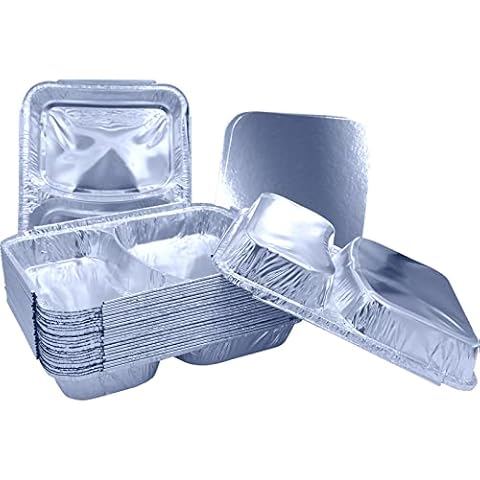 Sunrise Packaging 2 Compartment Food Container w/ Lids [227 x 182 x 38mm] Food-Safe Take Away Pans, Freezer/Oven-Safe, Catering Aluminium Foil Containers, 50 Cover