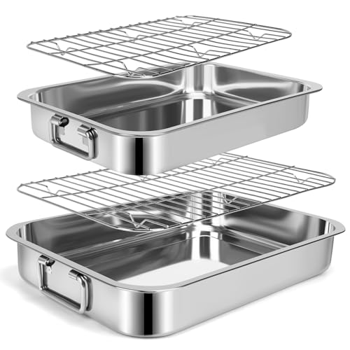 Comparison: Best Stainless Steel Roasting Pan 6 2 Pcs 13.7"15" Stainless Steel Roasting Pans with Handles, Baking Pan for Oven with 2 Pcs Flat Racks, Heavy Duty, Dishwasher Safe Rectangular Lasagna Pan with Handles for Turkey Chicken, Silver