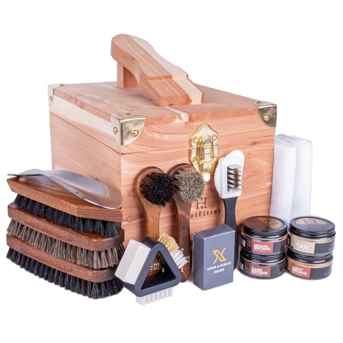 FootFitter Grand Cedar Shoe Shine Valet Set, All In One Premium Shoe Care Kit with Cedar Shoe Valet Storage Box