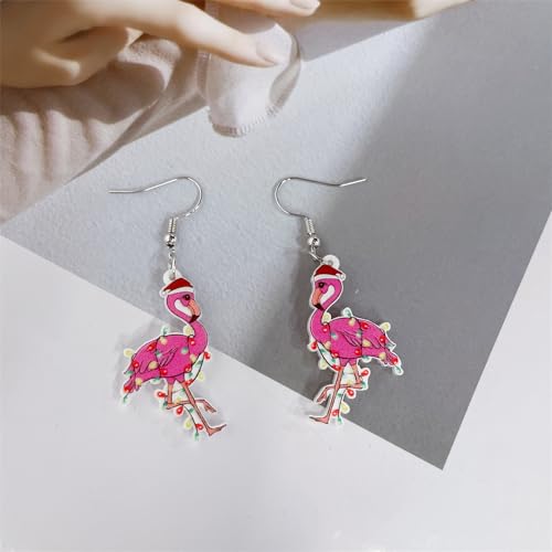 Cute Flamingo Santa's Hat Christmas Dangle Drop Earrings for Women Dainty Lightweight Acrylic Animal Hook Decoration Statement Dangling Hanging Hypoallergenic Party Holiday Gift2