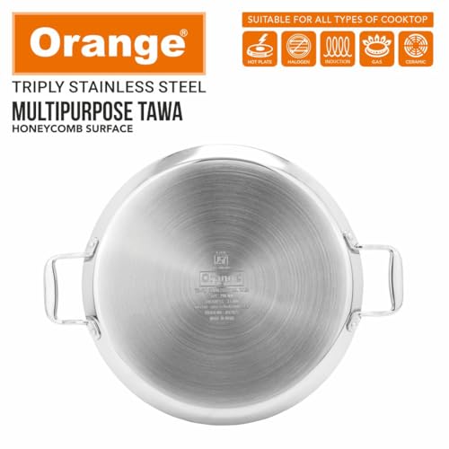 Image of Orange Triply Stainless Steel Round Multipurpose Tawa, 290 mm | Honeycomb Surface | 3.5 mm Heavy Thickness | Induction & Gas Compatible | Metal Spoon Friendly | Soft-Touch Handles | 5-Year Warranty