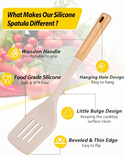 Pack of 2 Large Silicone Spatula, Heat Resistant Solid Turner, Non Stick Slotted Spatulas with Wooden Handle, Ideal Kitchen Utensils for Flipping, Pancakes, Eggs, Fish(Khaki) - Image 3