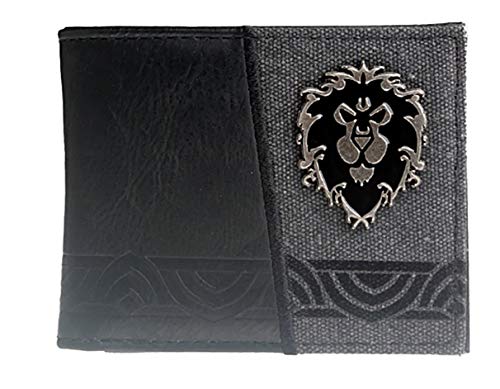 WOW Alliance Metal Logo Leather Bi Fold Wallet - Unisex Adult, Black, Faux Leather, RFID Protected, 3 Compartments, Compact Wallet