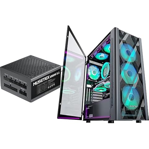 MUSETEX NN8 PC CASE ATX 6 PWM ARGB Fans Pre-Installed Bundled 1000W PC Power Supply Cover