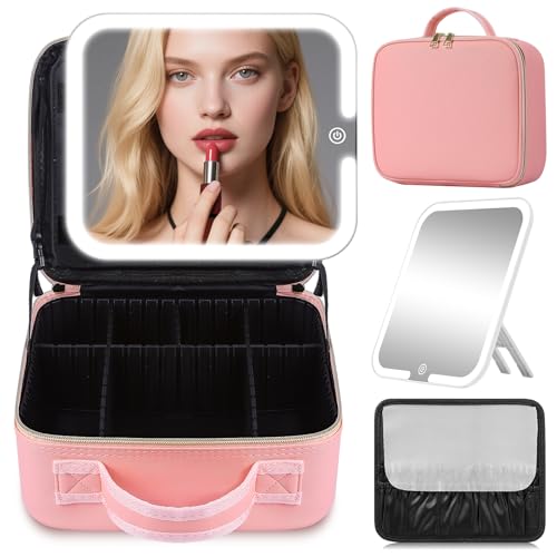 鏡付きメイクボックス 化粧品収納ボックス コスメボックス 化粧ケース 調節可能な仕切り付き 3色調節可能なLEDライト メイクブラシケース付き 手持ち 大容量 自立式 (ピンク)