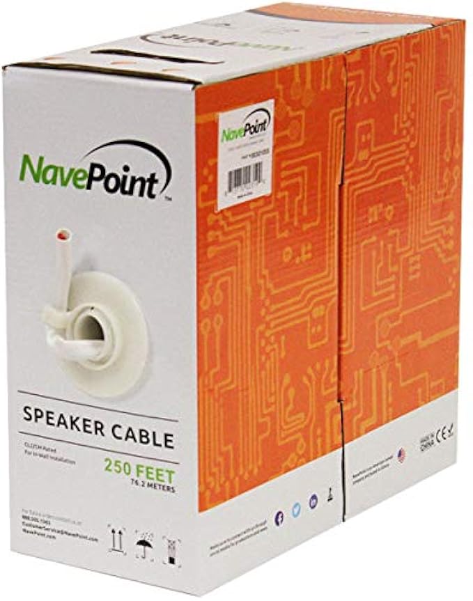 NavePoint 250ft in Wall Audio Speaker Cable Wire CL2 12/2 AWG Gauge 2 Conductor Bulk White