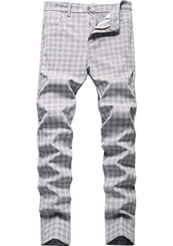 Men's Chino Pants Skinny Fit Plaid Flat-Front Stretch Slim Stylish Casual Business Dress Pants