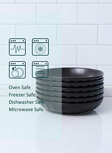 Teocera Pasta Bowls, Salad Bowls, Porcelain Bowl Set, Wide And Shallow, Fluted Design, 30 Ounce - Set Of 6, Matte Black #TOP3