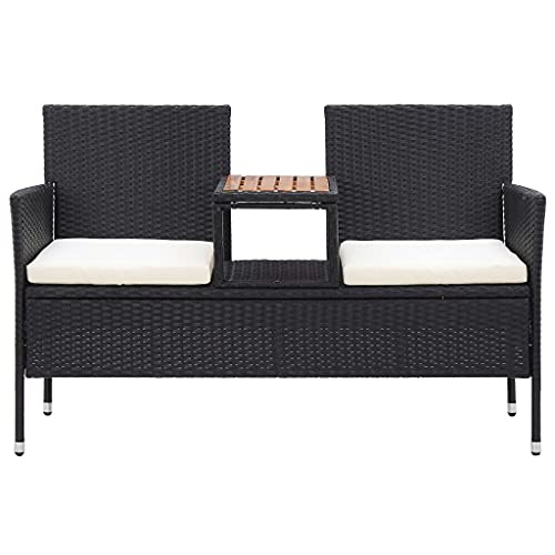 Banco de jardín de 2 plazas de polirratán negro y madera de acacia de 143 cm 4