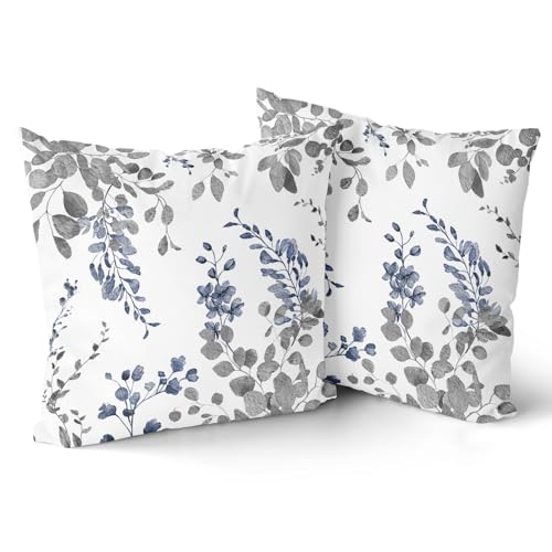 Leaf Branch Throw Pillow Covers - Vintage Blue and Grey Floral Leaves Pillow Cases 18x18 Inch Modern Decorative Pillowcases Farmhouse Flower Ink Painting Cushion Covers Set of 2