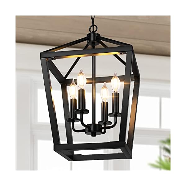 BrightHome Farmhouse Chandelier 4-Light, Black Pendant Light Fixture Ceiling Hanging for Kitchen Island Dining Room, Lantern Industrial Lighting with Metal Cage Adjustable Height for Entryway Foyer
