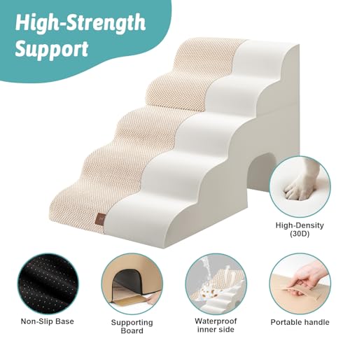 Image of COZY KISS Dog Stairs,with condo,22.4 inch H 5 Steps for Bed,Beige | 5-step dog stairs for Old Cats, Puppy, Small Dogs,Non-Slip Base,for Couch & Bed, 17.7x33x22.4