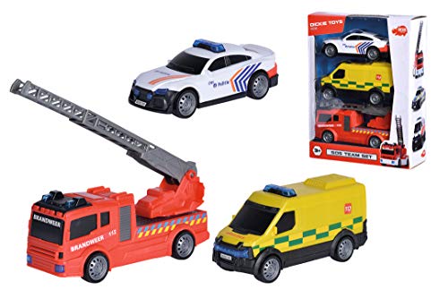 Dickie Toys 203712015014 - SOS Team Set Belgien, Spielzeugauto mit Freilauf, Polizeiauto, Krankenwagen, Feuerwehrwagen, ab 3 Jahren