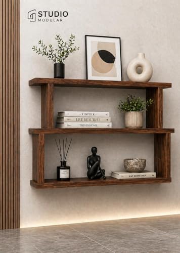 Image of STUDIO MODULAR Wooden Floating Wall Shelf | HDHMR Board | Wall Mounted Display Rack for Living Room Bedroom Home Dcor (61 x 10 x 33 cm)