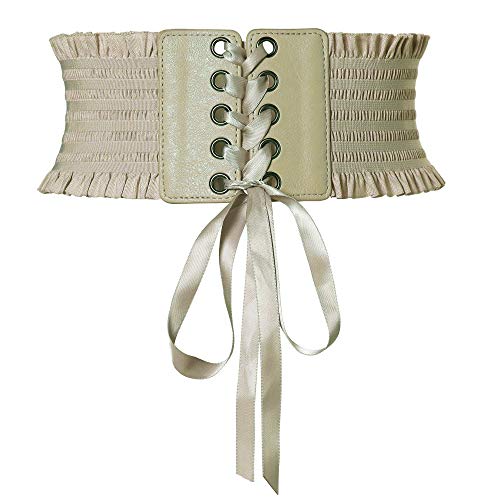 Women's Elastic Stretch Wide Lace Corset Waist Belt with Bow Tie Knot for Dress (Khaki)