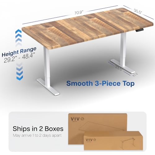Image of VIVO Reclaimed Wood 71 x 36 in Standing Desk, DESK-KIT-1W7P-36 | Electric, Holds 220 lbs, Sit Stand, Height Adjustable, Extra Deep Table Top, Memory Presets, 1B Series, White Frame