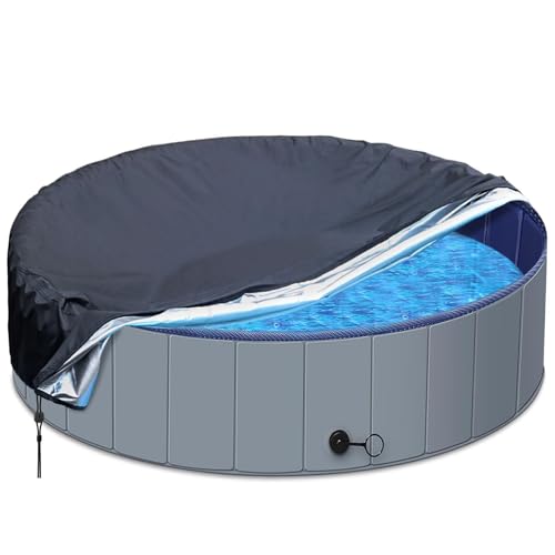 SAFANA 48' Round Dog Pool Cover [Upgrade 420D Thickened] Portable Dog Pet Bath Pool Cover 48 inch, Foldable Round Inflatable Swimming Pool Cover, Drawstring Design Windproof Dustproof Prevent Leaves